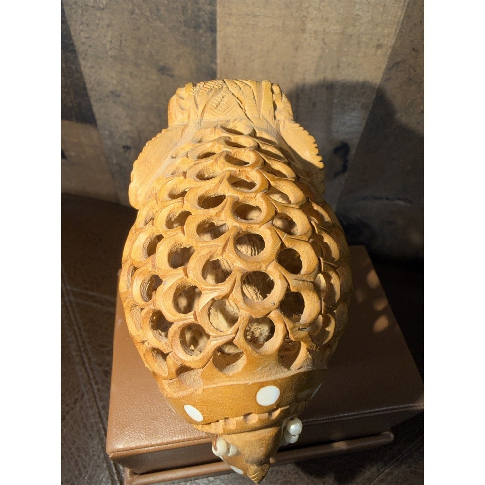 Hand Carved Wooden Pregnant Elephant Jali Undercut Lattice Figurine India Art - Picture 5 of 14